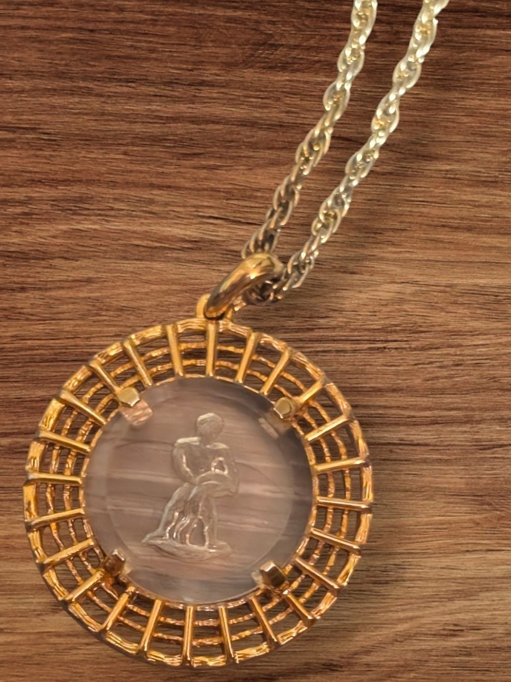 Vintage 1970s Vendôme Aquarius Zodiac Intaglio Necklace  Large Gold Filigree